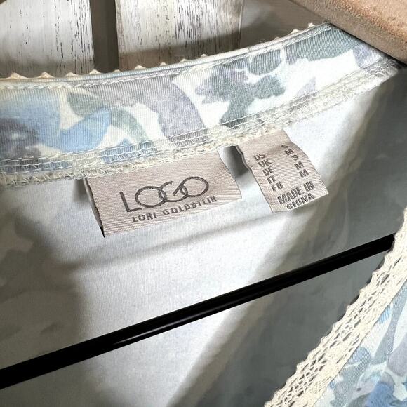 LOGO LORI GOLDSTEIN Women's Sm Rayon Button Cardigan Top Lace Ruffle Blue Cream - Picture 6 of 12